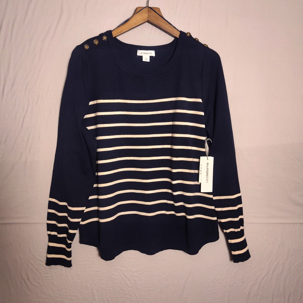 Liz Claiborne Navy Blue White Striped Shoulder Button Sweater XL C1200
